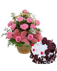 18 Pink Roses Basket With 1 Kg Black Forest Cake