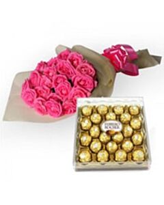24 Pusong Rosas na Pink Kasama ang 24 Piraso na Ferrero Rocher