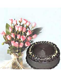Chocolate Truffle Cake with 25 Pink Roses