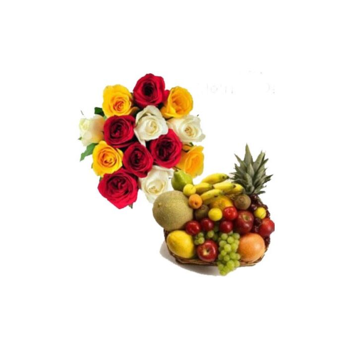 12 MIX ROSES WITH 2 KG FRUIT BASKET