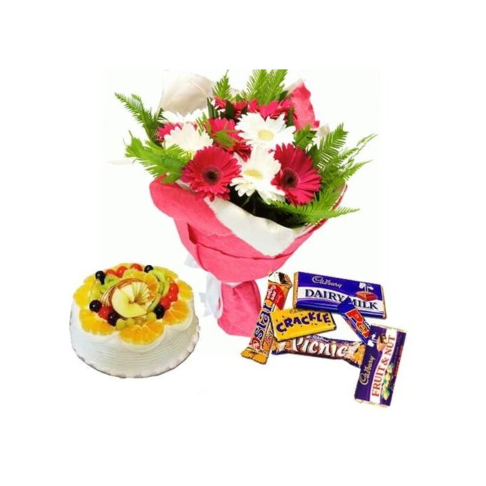 15種類のミックスカラーの花束と1キログラムの新鮮なフルーツケーキとアソーテッドキャドバリーチョコレート