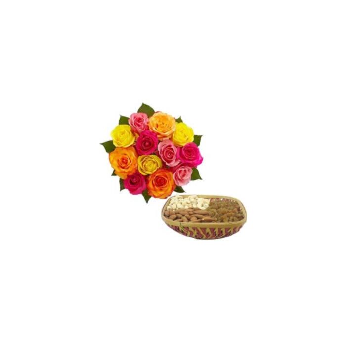 24 MIX ROSES BUNCH WITH 1 KG ASSORTED DRYFRUITS