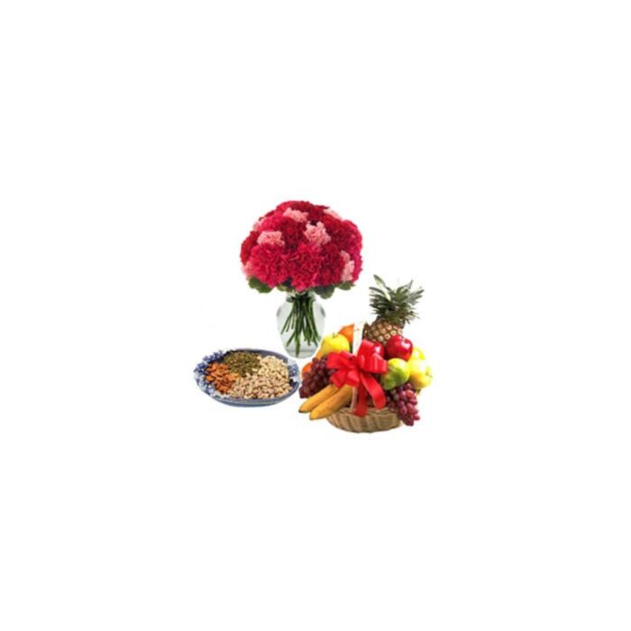 24 Red and Pink Carnation in Vase with 500 Gm Mix Dryfruits N 2 Kg Fruit Basket