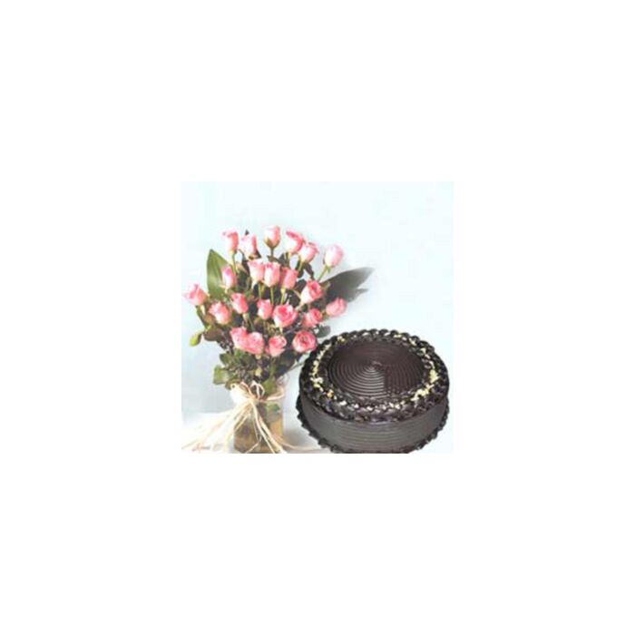 Kue Truffle Cokelat dengan 25 Mawar Pink