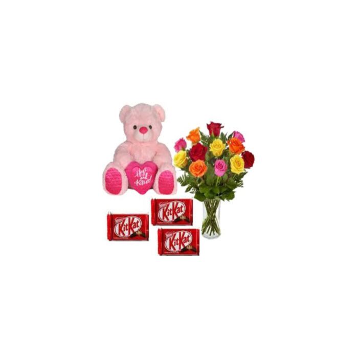 La combinazione di rose in un vaso di 24 colori a 6 pollici peluche e 24 Nestlè Kit Kat bar