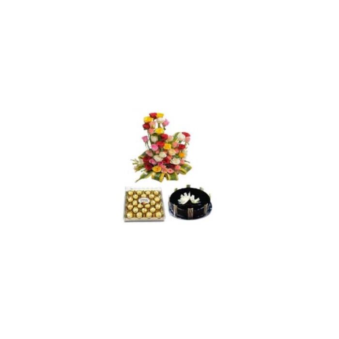 MIX ROSES BASKET 50 FLOWERS WITH 24 PIECES FERRERO ROCHER CHOCOLATE AND 500GM CHOCOLATE CAKE