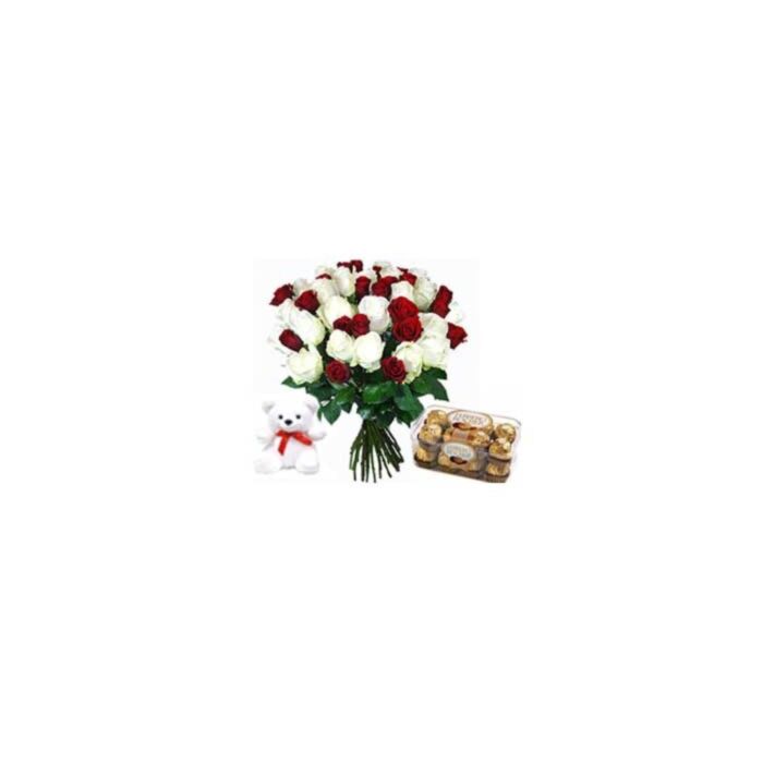 Red and white roses bunch 24 flowers with ferrero rocher chocolate and 6 inch teddy